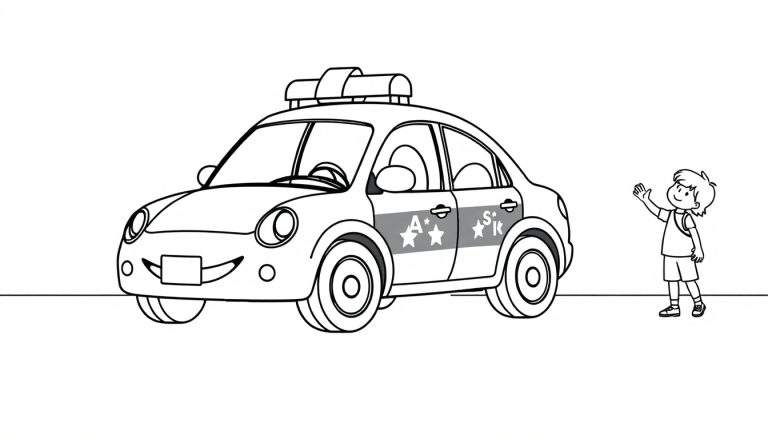 Coche de policía de dibujos animados con la placa de color, saludando a un niño.