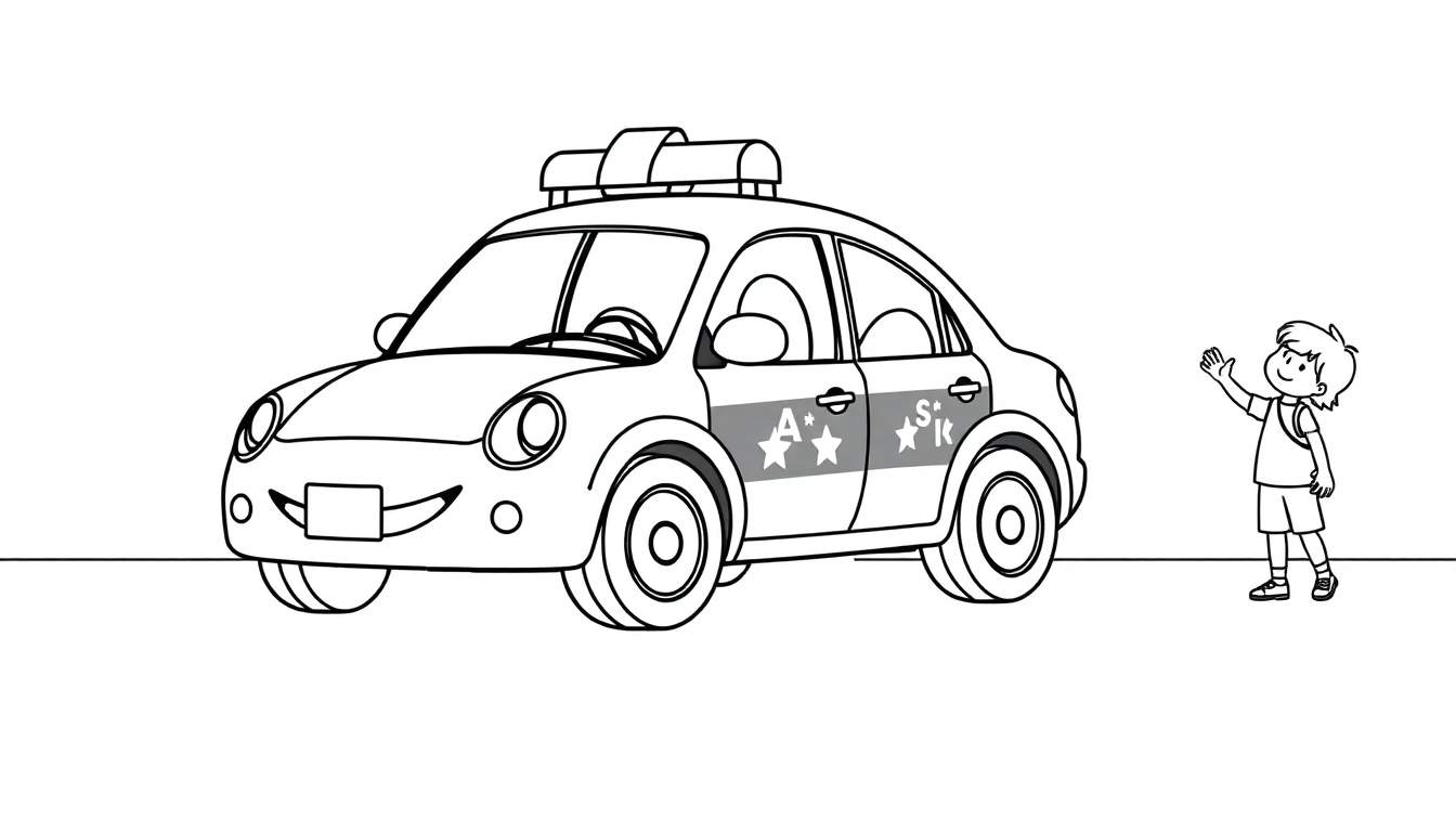 Coche de policía de dibujos animados con la placa de color, saludando a un niño.