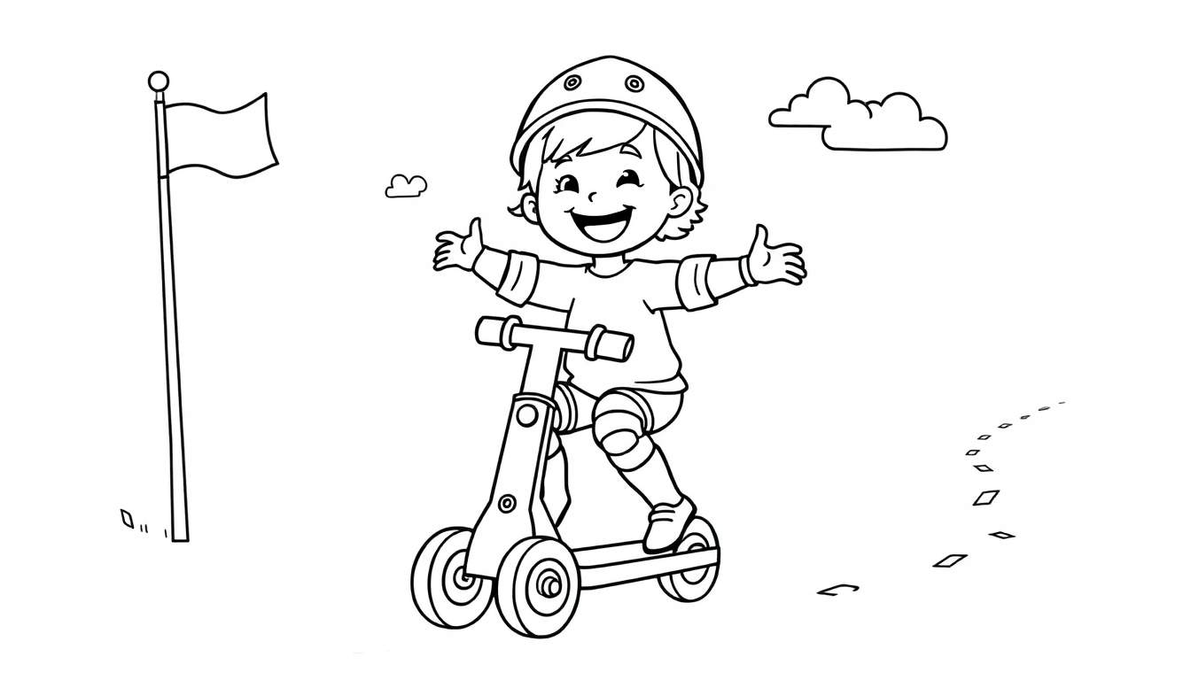 Placa de color con un niño sonriente en patinete con casco y rodilleras.