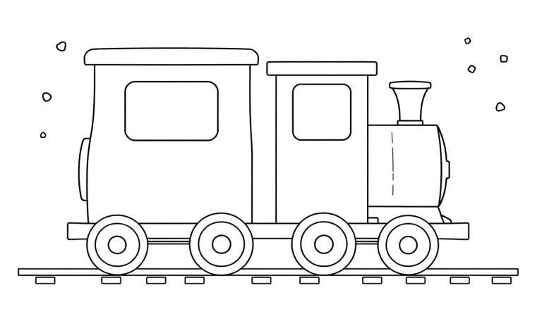 Un tren de juguete para colorear, la placa de color muestra una locomotora con chimenea y un vagón, ambos con ventanas, sobre una vía.