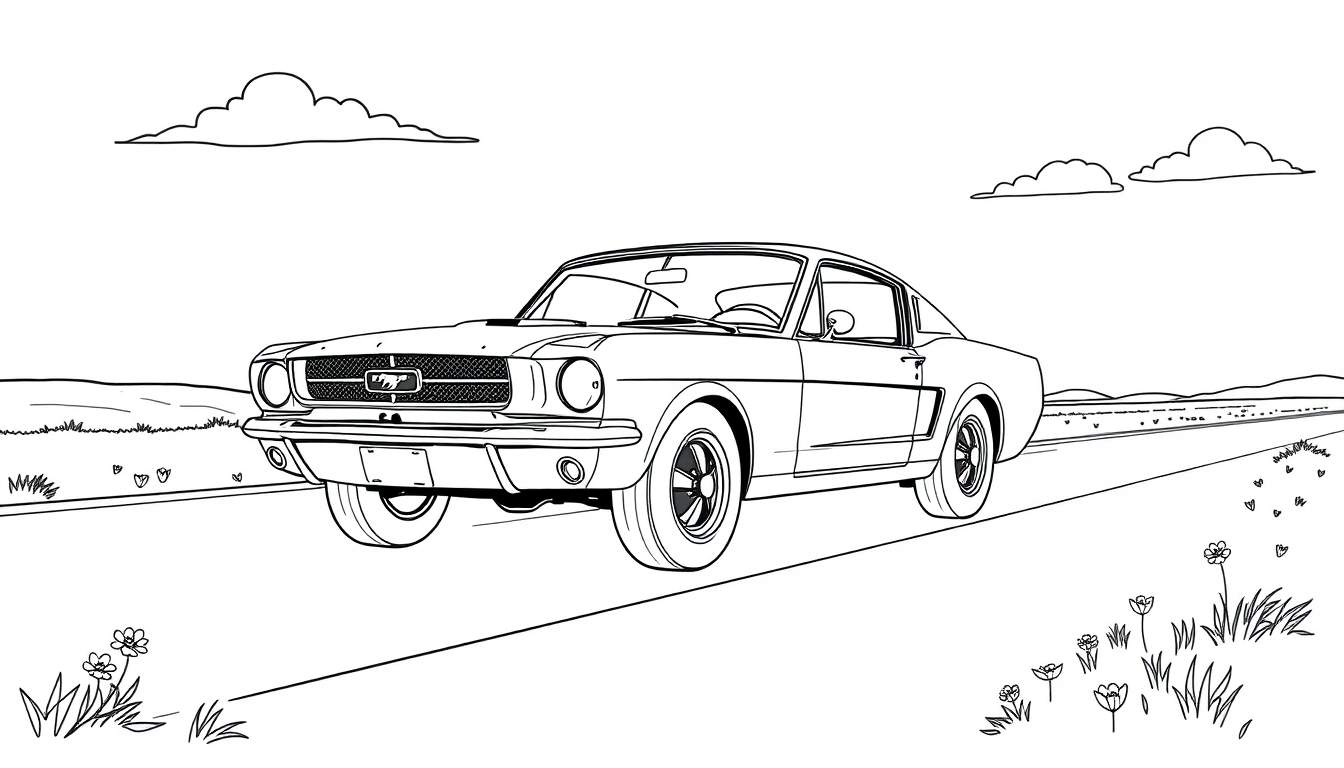 Placa de color de un Ford Mustang clásico en la carretera.