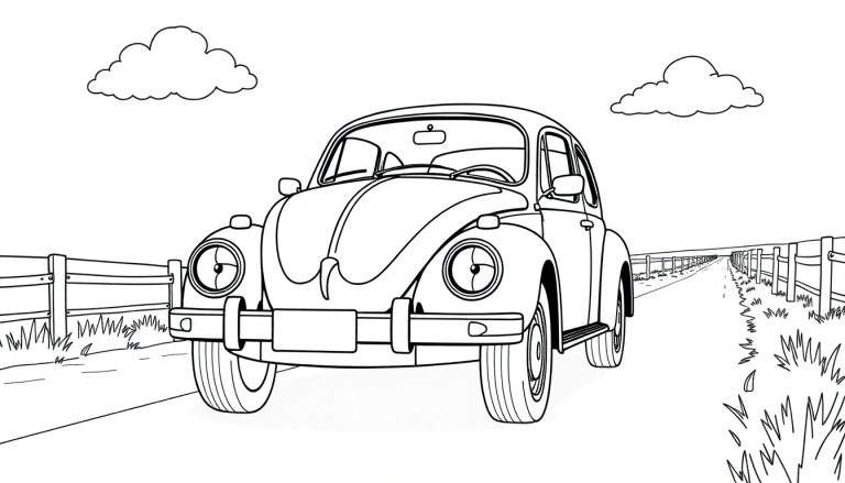 Un dibujo lineal de un Volkswagen Beetle de color listo para ser pintado, viajando por un camino rural con vallas.
