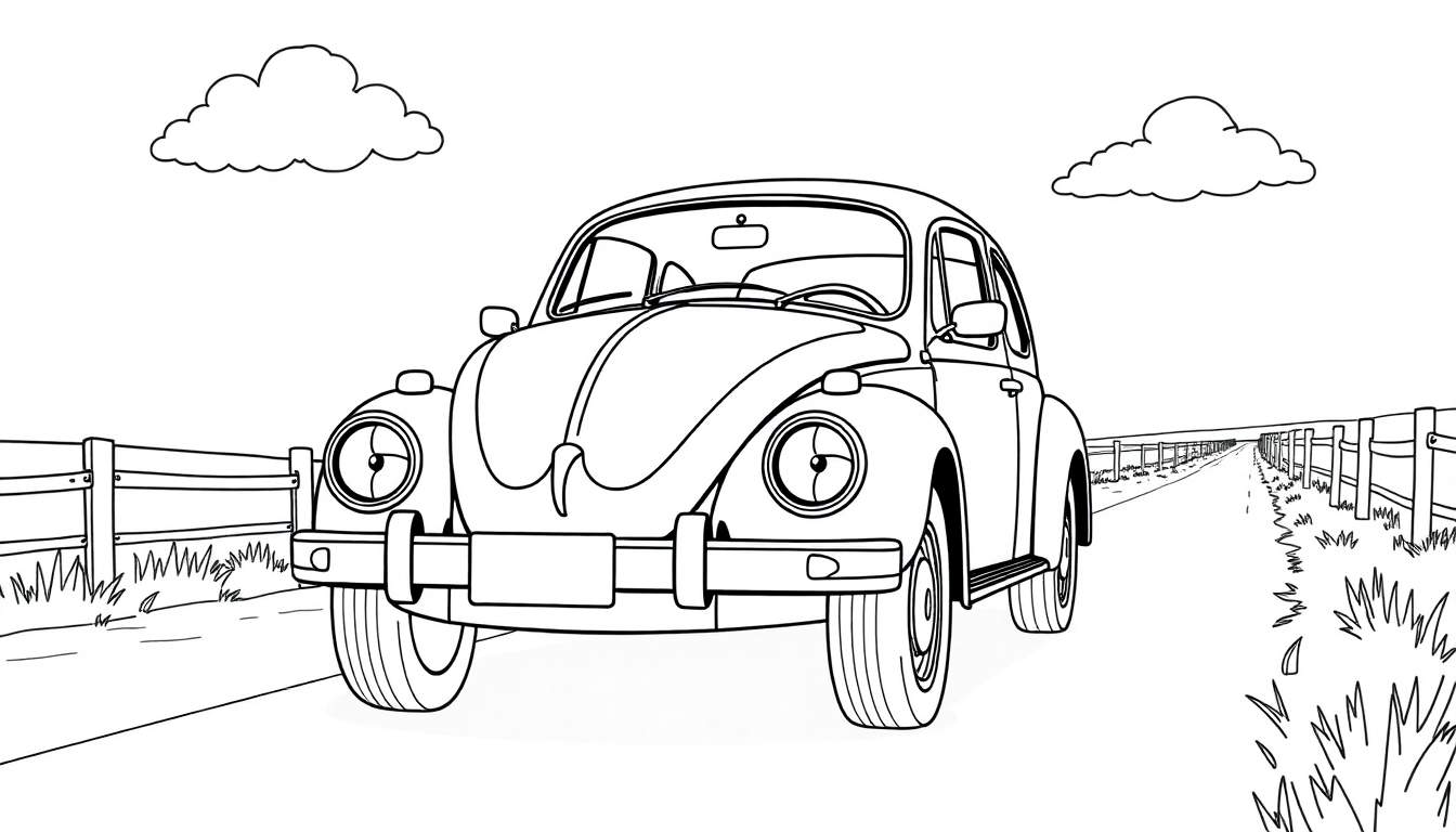 Un dibujo lineal de un Volkswagen Beetle de color listo para ser pintado, viajando por un camino rural con vallas.