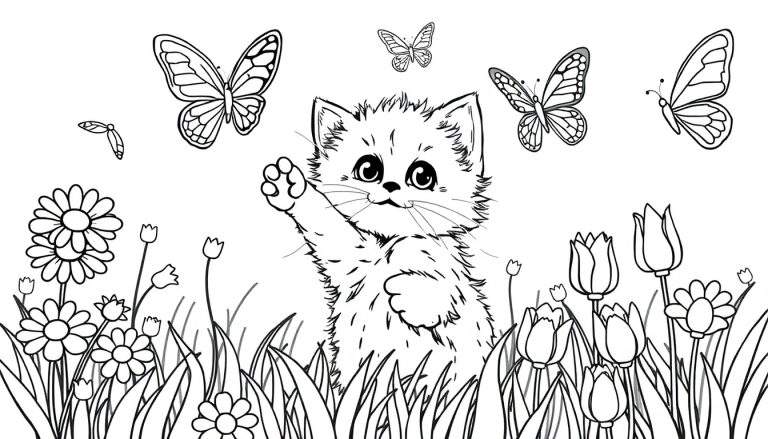 Placa de colorear de un gatito saludando a mariposas entre flores.