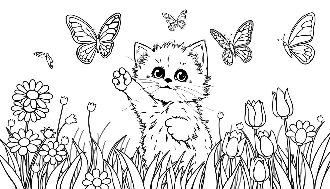 Placa de colorear de un gatito saludando a mariposas entre flores.
