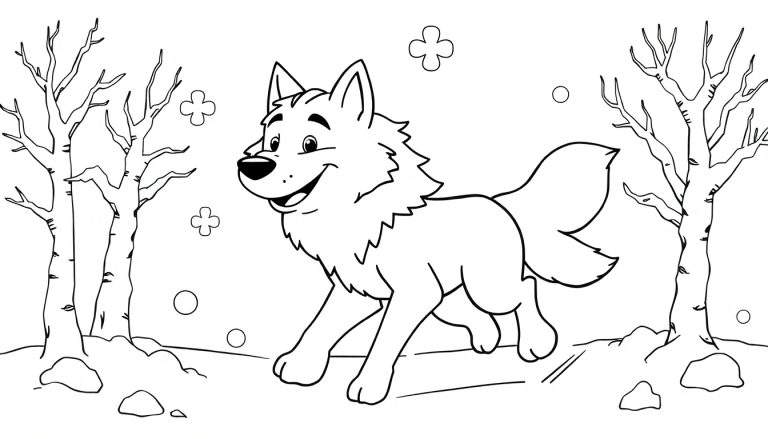 Placa de color de un lobo de dibujos animados feliz corriendo en la nieve.