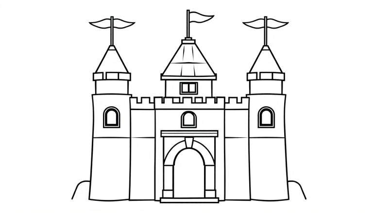 Un dibujo de un castillo de Lego para colorear, con tres torres y una entrada de arco.