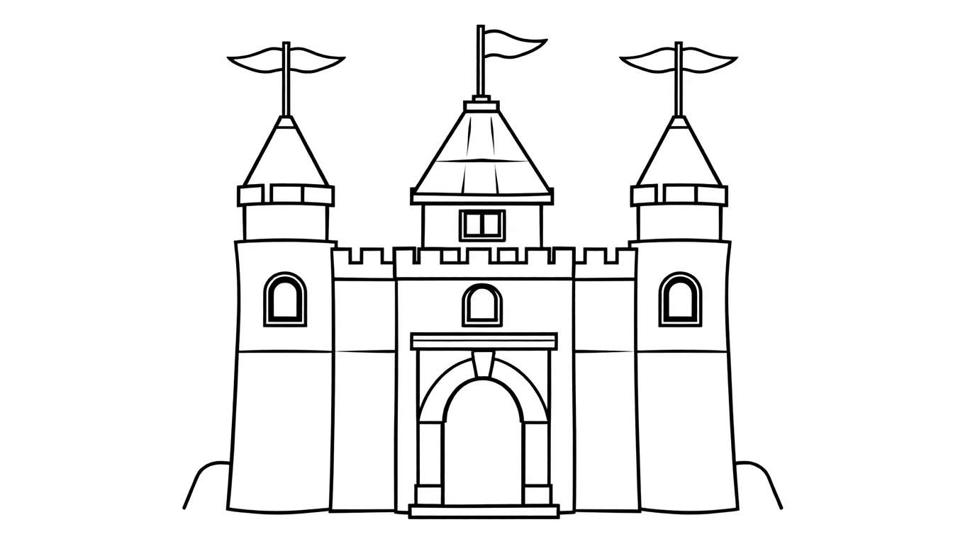 Un dibujo de un castillo de Lego para colorear, con tres torres y una entrada de arco.