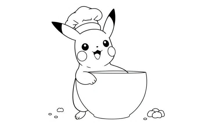 Pikachu chef en un tazón para colorear, visto desde arriba, con motas de harina a su alrededor.