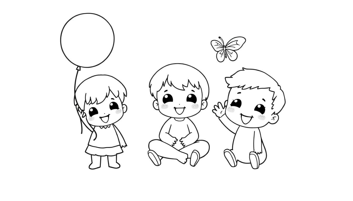 Placa de color con tres adorables personajes Chibi de dibujos animados en blanco y negro: uno con un globo, otro sentado y uno saludando, con una mariposa sobre ellos.