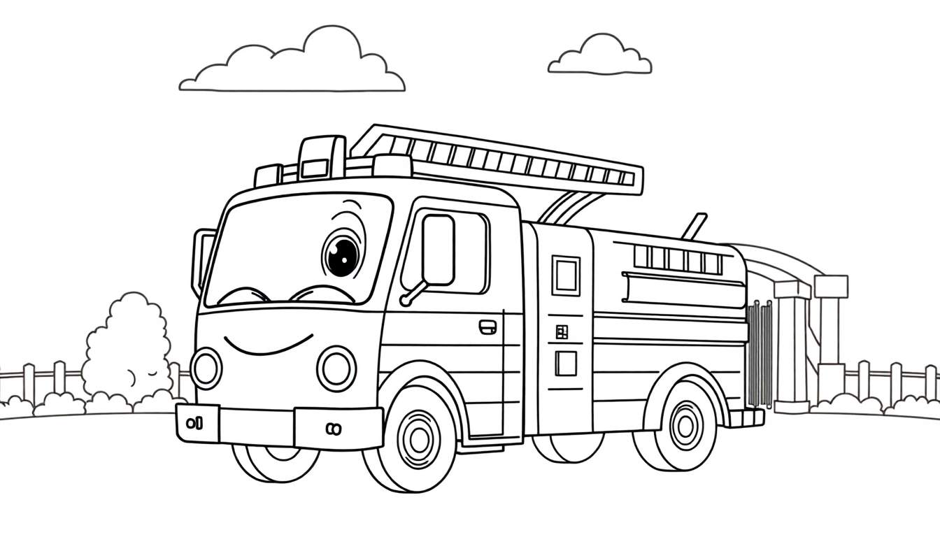 Placa de color de un camión de bomberos amigable con un ojo, sonriendo, con una escalera y luces redondas, en un paisaje con nubes, un arbusto y un edificio con pilares.