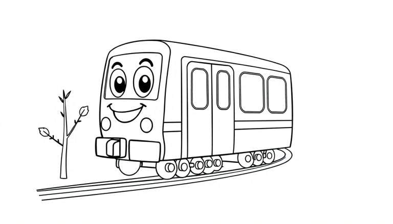 Placa de color de un tren de metro sonriente y amigable.