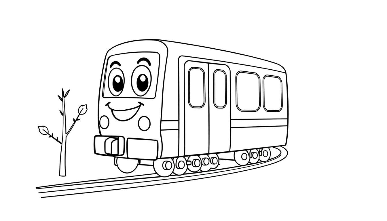 Placa de color de un tren de metro sonriente y amigable.