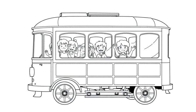 Dibujo de un tranvía antiguo en blanco y negro, con niños sonrientes asomados por las ventanas, listo para colorear la placa.