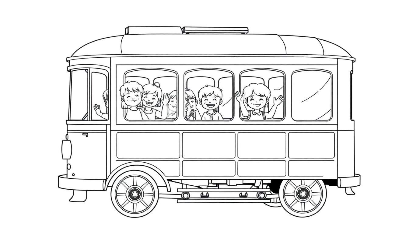 Dibujo de un tranvía antiguo en blanco y negro, con niños sonrientes asomados por las ventanas, listo para colorear la placa.