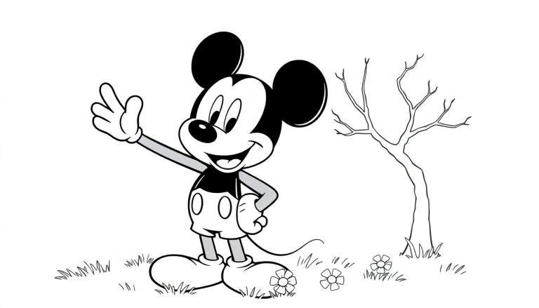 Placa de color con Mickey Mouse saludando con una sonrisa junto a un árbol sin hojas y hierba con flores.