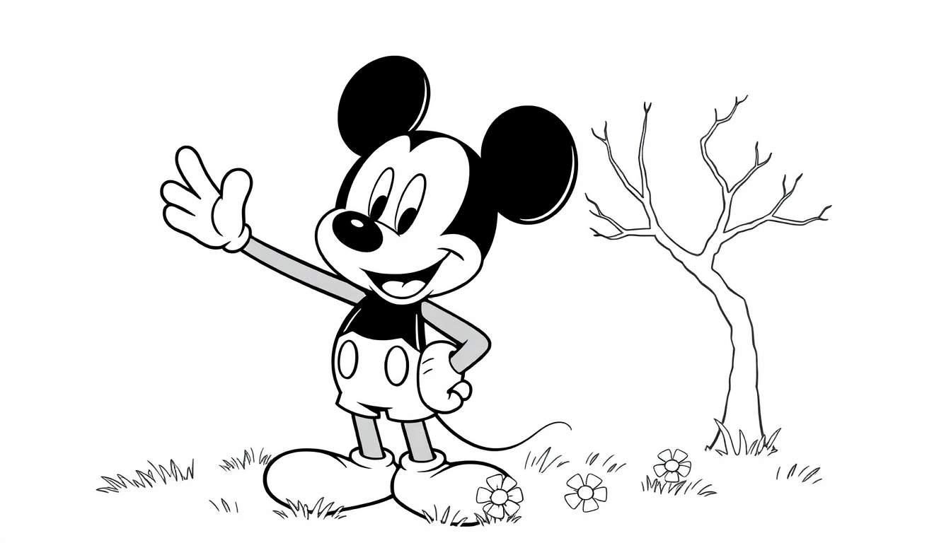 Placa de color con Mickey Mouse saludando con una sonrisa junto a un árbol sin hojas y hierba con flores.