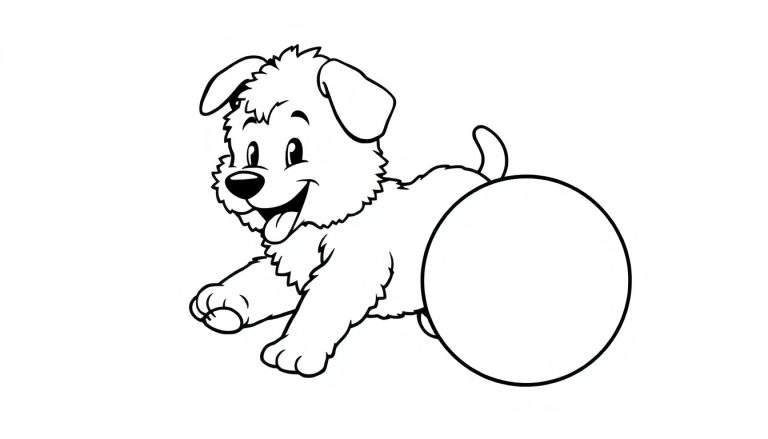 Placa de color de un cachorro peludo y sonriente persiguiendo una pelota.