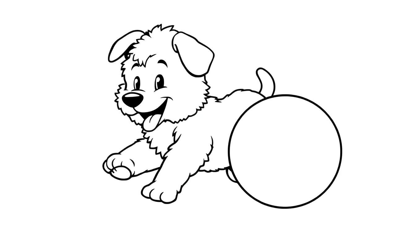 Placa de color de un cachorro peludo y sonriente persiguiendo una pelota.