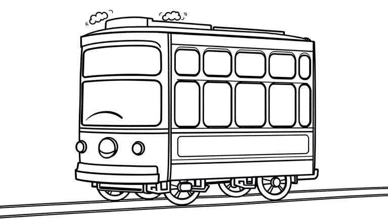 Un tranvía caricaturesco en blanco y negro, listo para colorear, con una placa de color cerca.