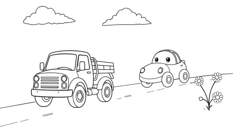 Una página para colorear con un camión y un coche sonrientes en una carretera.