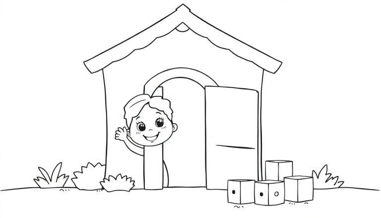 Niño saludando en una casa de juegos, lista para la placa de color.