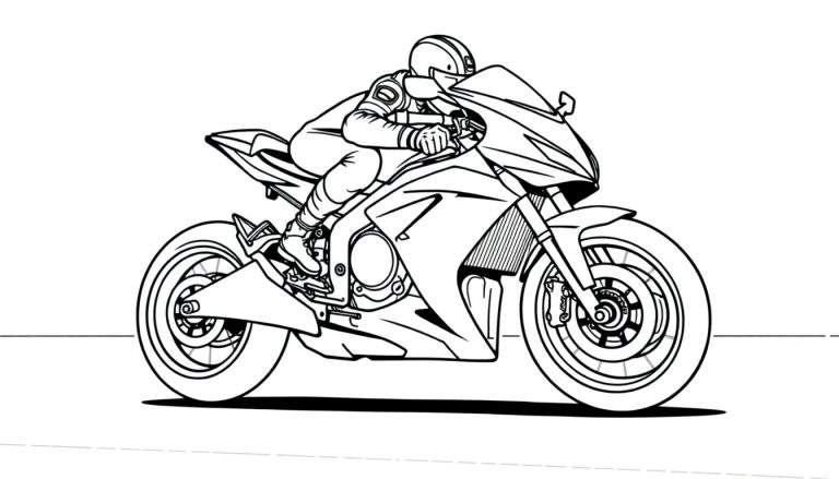 Dibujo de una motocicleta lista para correr, ideal para colorear, con un conductor agazapado y la palabra 'placa de color'.