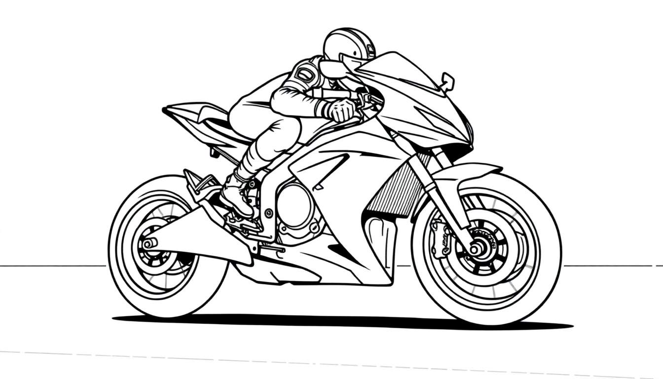 Dibujo de una motocicleta lista para correr, ideal para colorear, con un conductor agazapado y la palabra 'placa de color'.