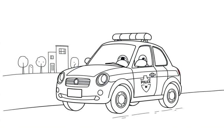 Un coche de policía de dibujos animados con una placa de color esperando para ayudar.