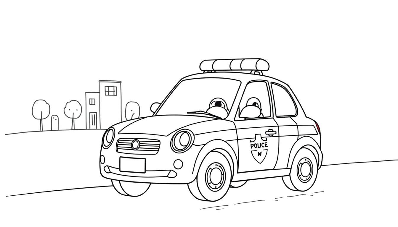 Un coche de policía de dibujos animados con una placa de color esperando para ayudar.