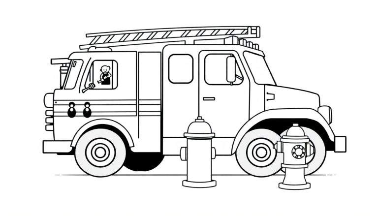 Placa de color: un camión de bomberos de dibujos animados en blanco y negro listo para la acción, con un bombero al volante y dos hidrantes cerca.