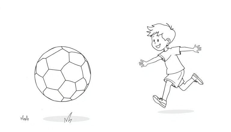 Una placa de color en blanco y negro de un niño corriendo hacia un balón de fútbol.