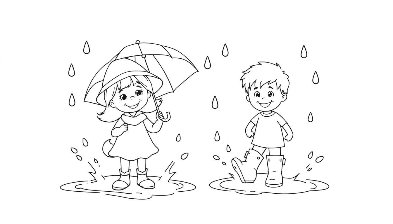 Placa de color para niños: niña y niño jugando bajo la lluvia con botas de agua y paraguas.