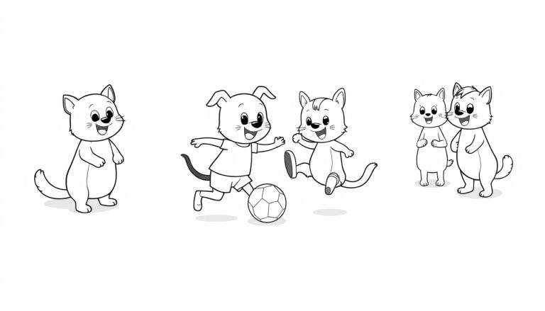 Placa de color con un gato sonriente, un perro pateando un balón de fútbol y dos gatos más, todos en blanco y negro.