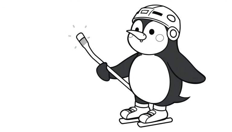 Pingüino de dibujos animados jugando al hockey sobre hielo con un palo brillante, página para colorear en blanco y negro para niños, placa de color.