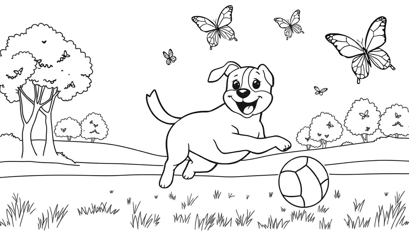 Un perro saltando felizmente para atrapar una pelota de fútbol en un campo verde, con mariposas revoloteando. Placa de color.