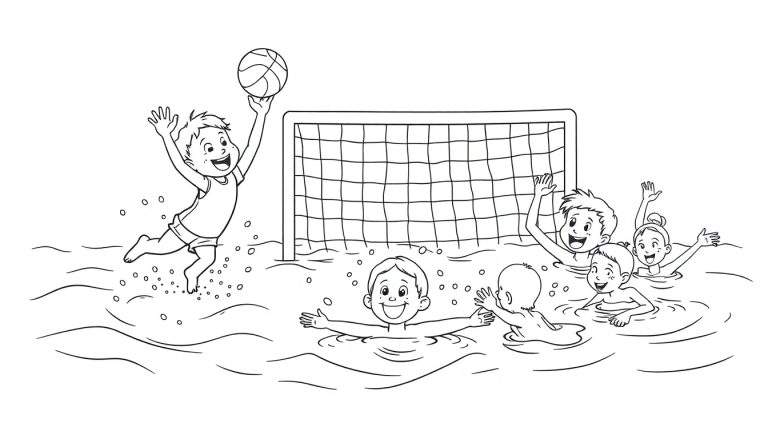 Un dibujo en blanco y negro de niños jugando al waterpolo, uno saltando para lanzar la pelota, otros animando. Portería en el centro, agua ondulada. Placa de color para colorear.