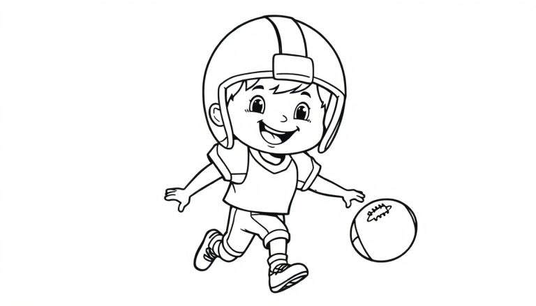 Niño sonriente con casco y hombreras jugando al fútbol americano, listo para colorear en esta placa de color.