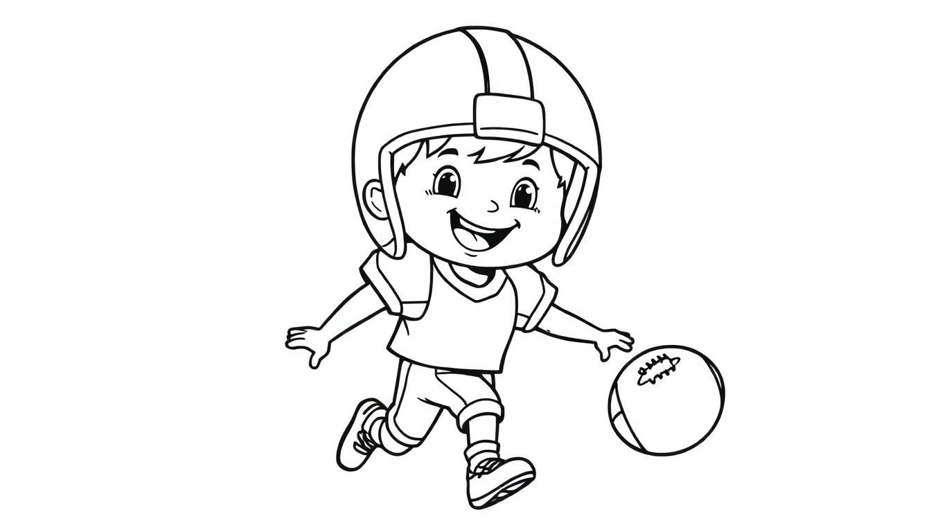 Niño sonriente con casco y hombreras jugando al fútbol americano, listo para colorear en esta placa de color.
