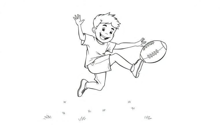 Placa de color de un niño sonriente a punto de patear un balón de fútbol americano.
