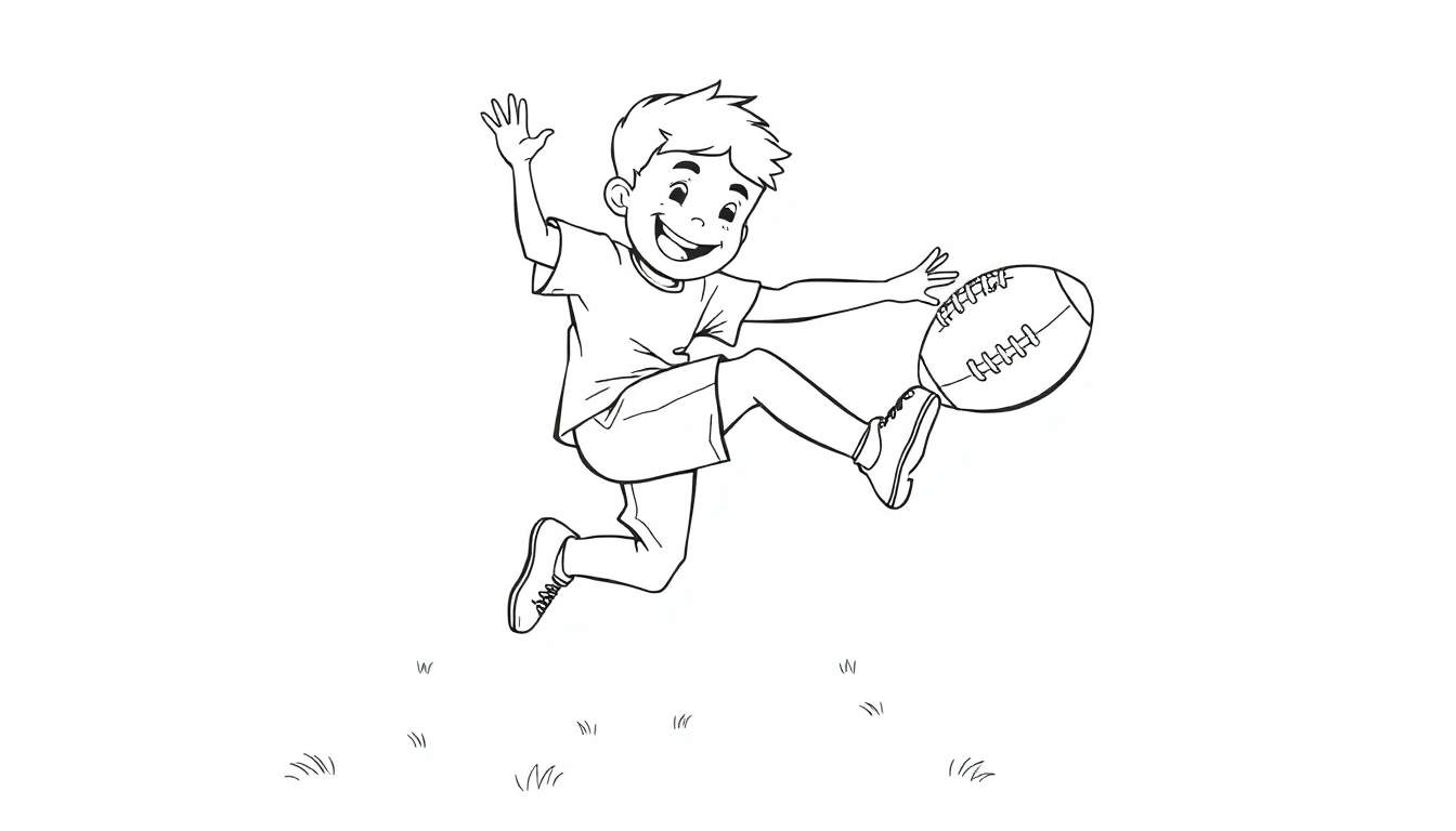 Placa de color de un niño sonriente a punto de patear un balón de fútbol americano.