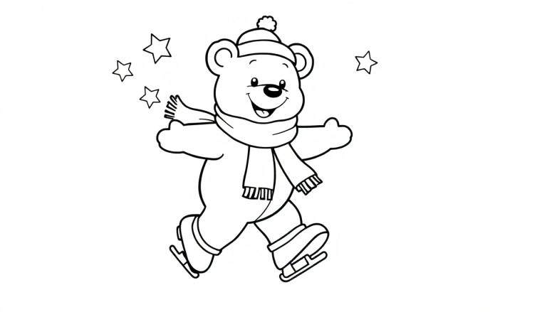 Placa de color de un oso de peluche patinando con estrellas.