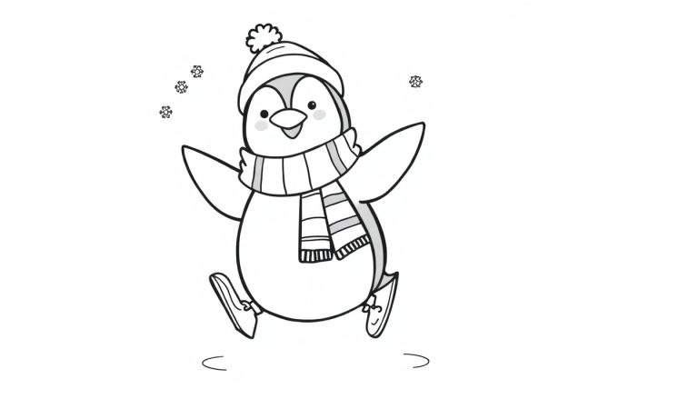 Un pingüino feliz con gorro y bufanda patinando sobre hielo, listo para colorear en la placa de color.