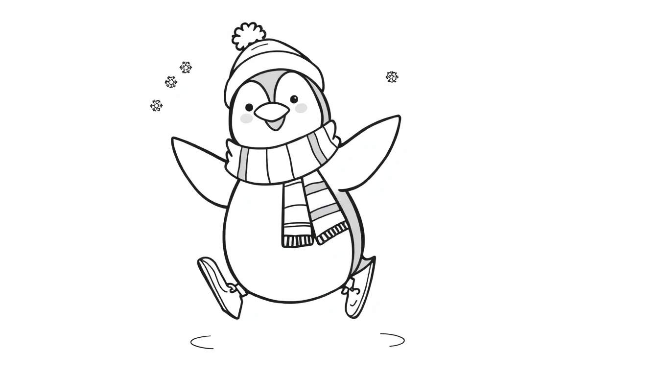 Un pingüino feliz con gorro y bufanda patinando sobre hielo, listo para colorear en la placa de color.