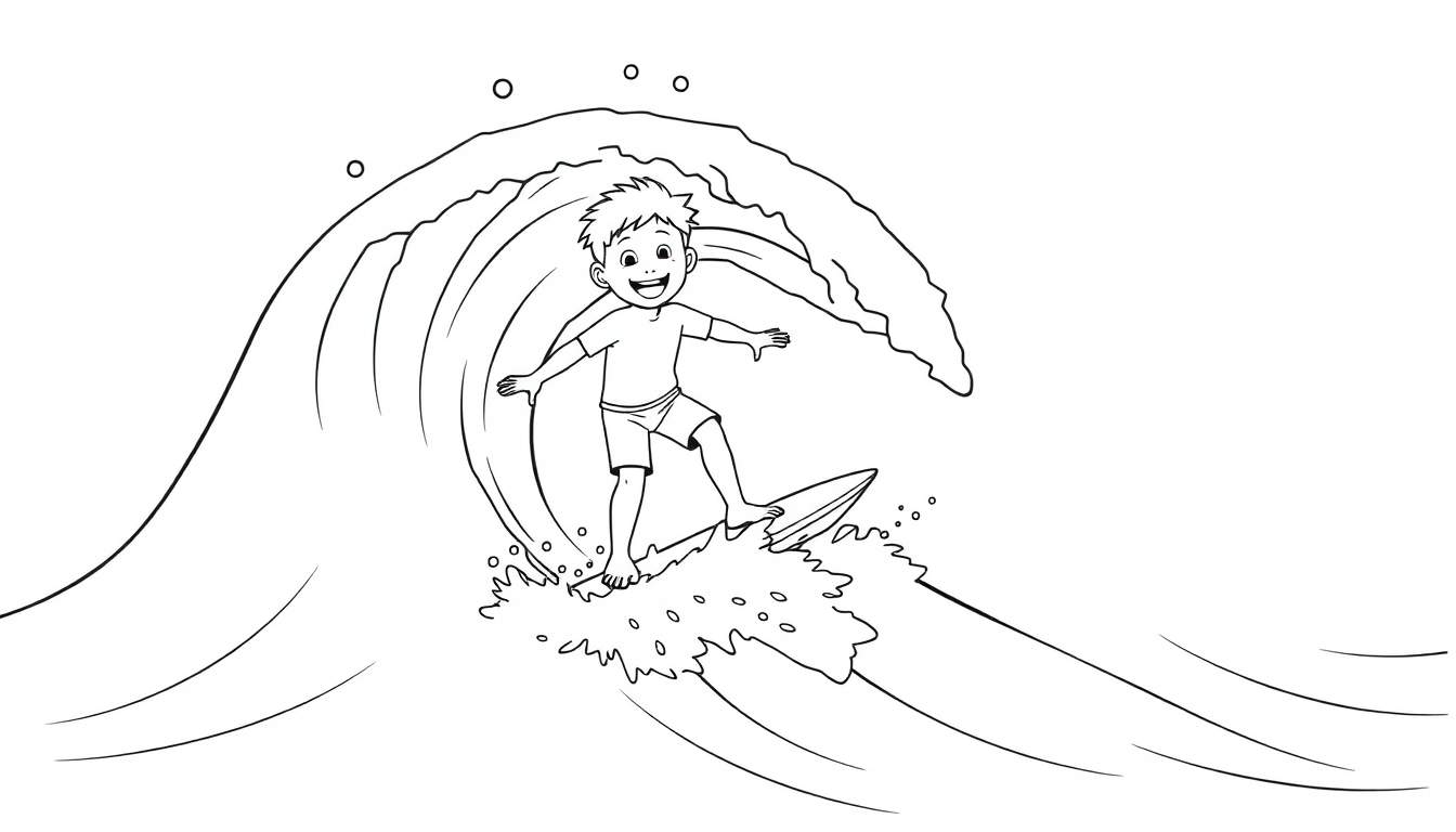 Niño feliz en una tabla de surf en una página para colorear de placa de color.