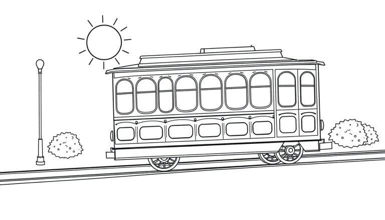Dibujo lineal de un tranvía antiguo bajo un sol brillante, listo para ser coloreado, con farola y arbustos a los lados, una placa de color vibrante lo realza.