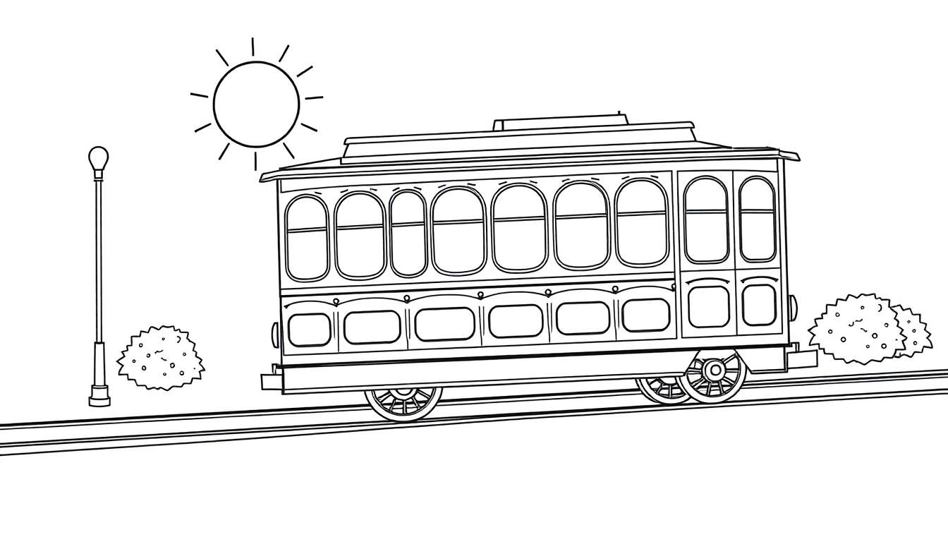 Dibujo lineal de un tranvía antiguo bajo un sol brillante, listo para ser coloreado, con farola y arbustos a los lados, una placa de color vibrante lo realza.
