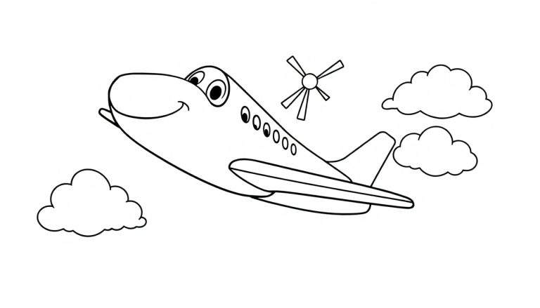 Placa de color de un avión de dibujos animados amigable volando entre nubes.