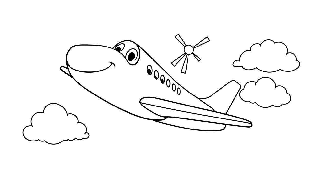 Placa de color de un avión de dibujos animados amigable volando entre nubes.