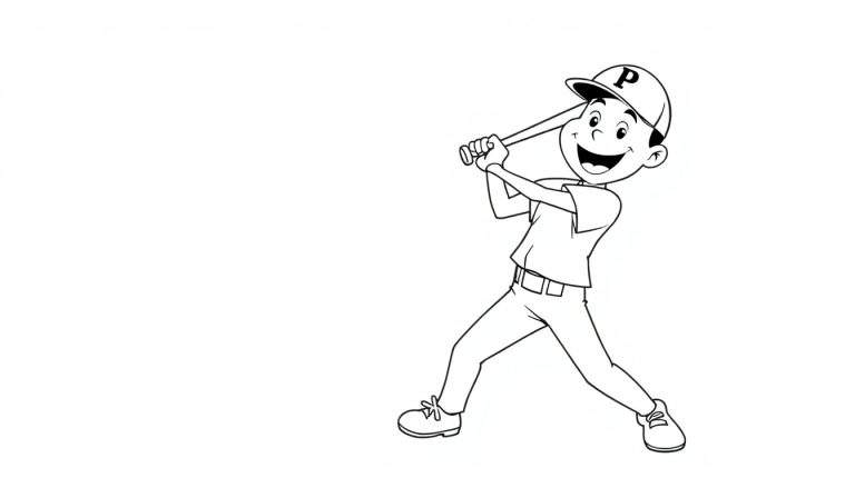 Un niño sonriente con un gorro con la letra P, bateando en un juego de béisbol en una página para colorear en blanco y negro.